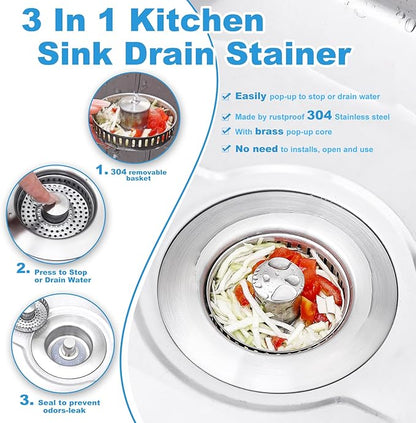 3-in-1 Kitchen Sink Drain Strainer & Stopper with Basket