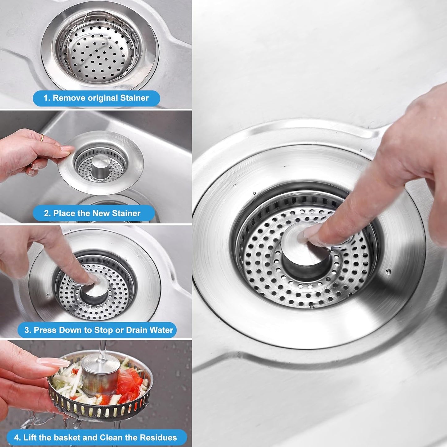 3-in-1 Kitchen Sink Drain Strainer & Stopper with Basket